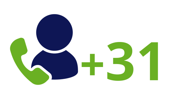 Landnummer Nederland +31 - donkerblauw pictogram persoon - groene telefoon - groen landnummer - op transparante achtergrond - 600 * 337 pixels 
